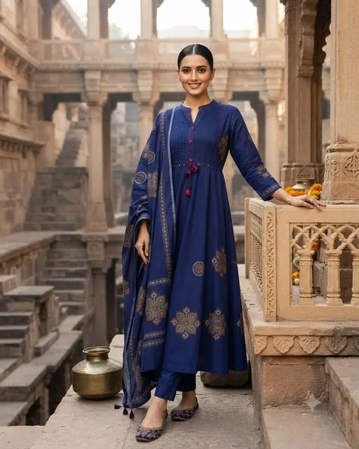 Woman in an indigo block-printed Anarkali kurta with matching dupatta