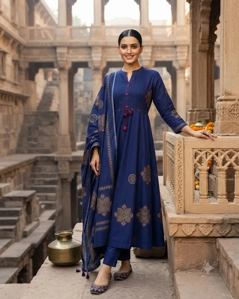 Woman in an indigo block-printed Anarkali kurta with matching dupatta