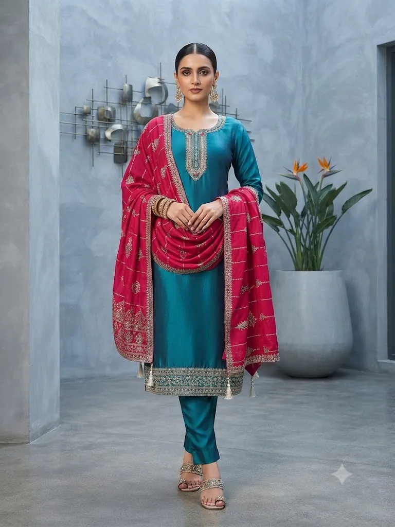 Woman in a teal silk salwar suit with an embroidered pink dupatta